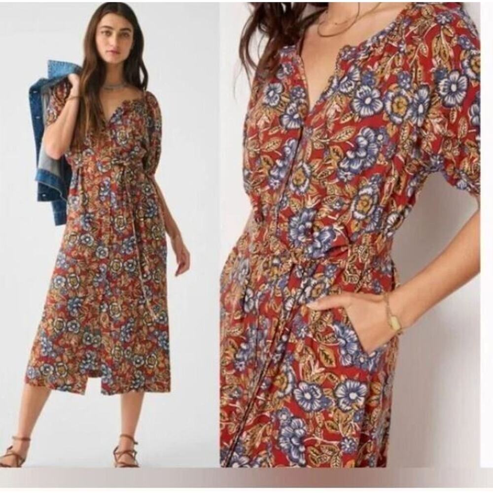 Faherty Red and Blue Floral Midi Dress